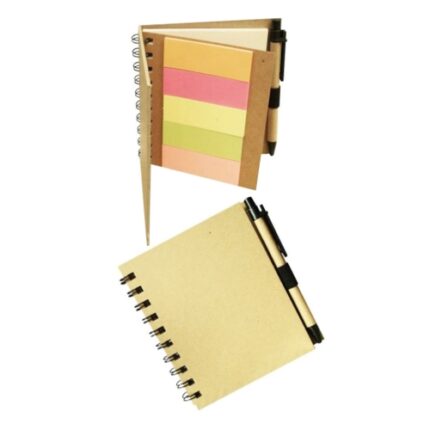 Libreta anillada de 45 hojas y 5 post-it mas lapicero ecológico. Medida 15 x 12.5 cm
