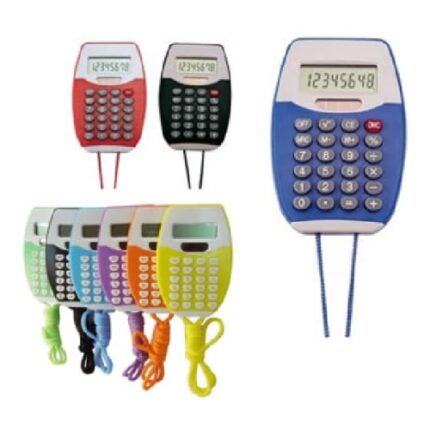 Calculadora de plástico a pilas, con sujetador de pita de color